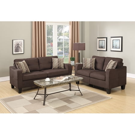 2Pcs Modern Chocolate Linen-Like Fabric Sofa Loveseat with Accent Pillows