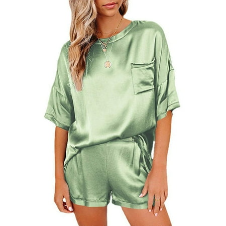 

Womens Silk Satin Pajamas Sets Solid Short Sleeve Nightwear Sleepwear Pjs Loungewear Sleepsuit