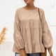 thumbnail image 2 of Top de manga larga para mujer, otoño, cuello redondo, mangas abullonadas, manga larga, Top informal holgado de Color puro, color albaricoque XXL, 2 of 6