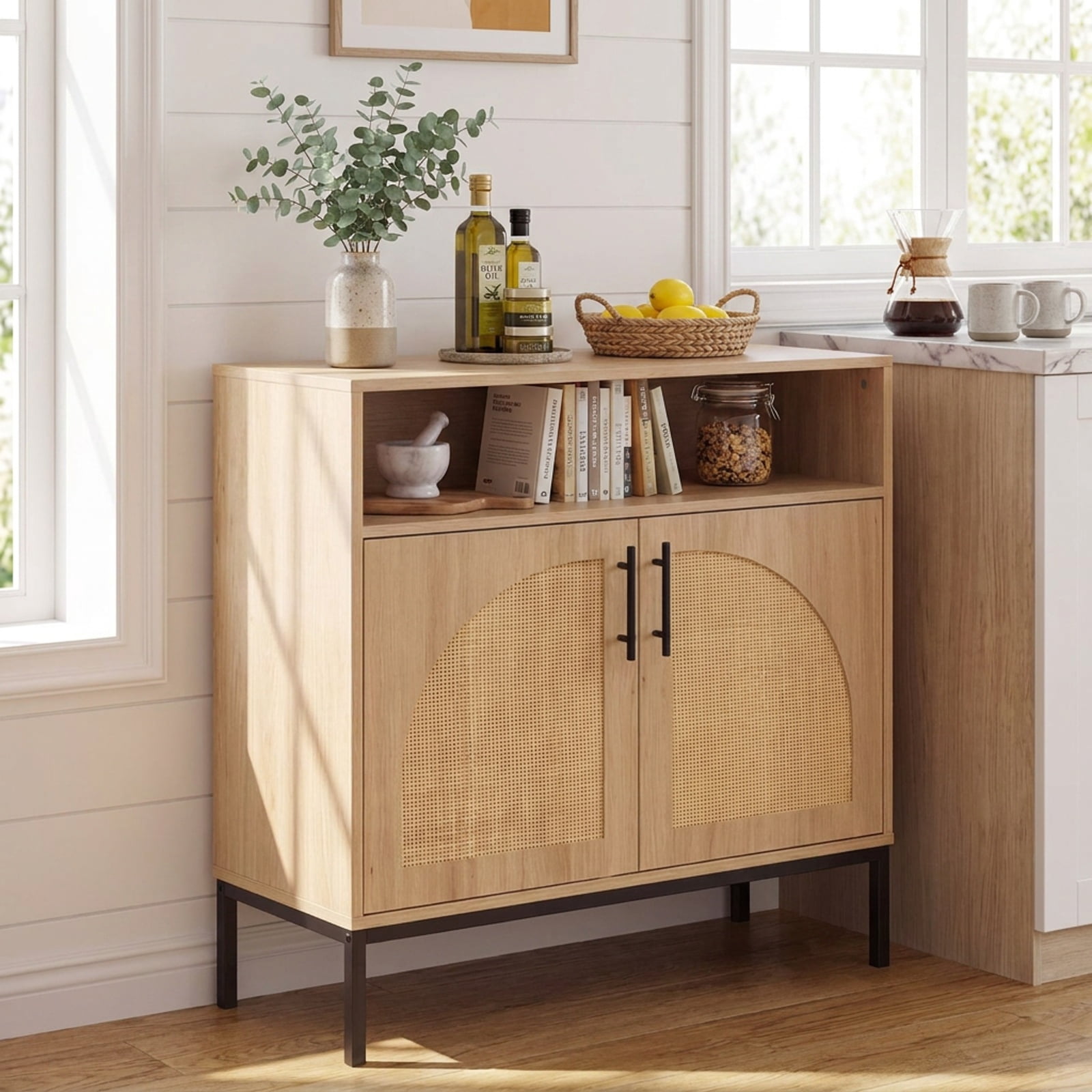Furnibear 32" Sideboard Buffet Cabinet with 2 Natural Rattan Decorated Doors and Adjustable Shelf for Kitchen Dining Living Room Buffet, Natural