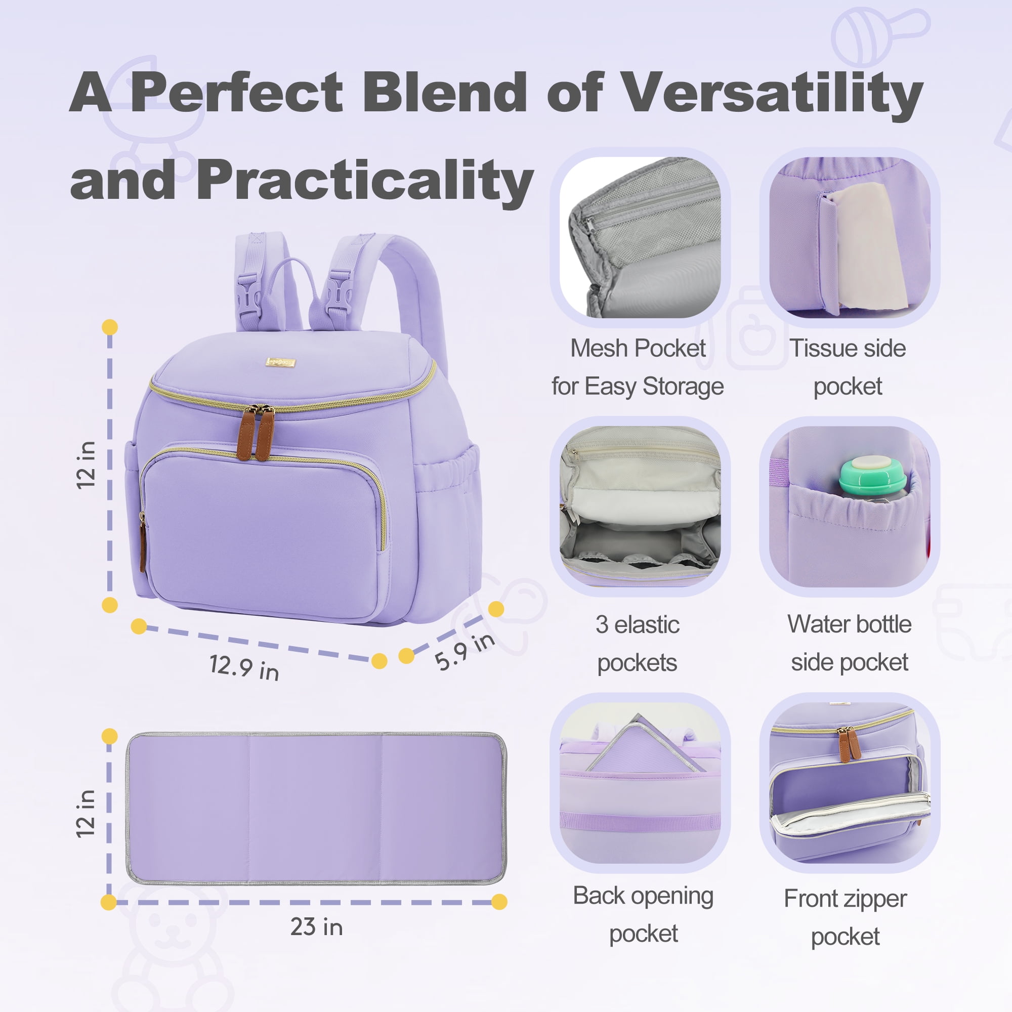 DERSTUEWE Diaper Bags, Small  Fashion Diaper Backpack for Women Baby Diaper Bag with Insulated Milk Bottle Pocket, Purple