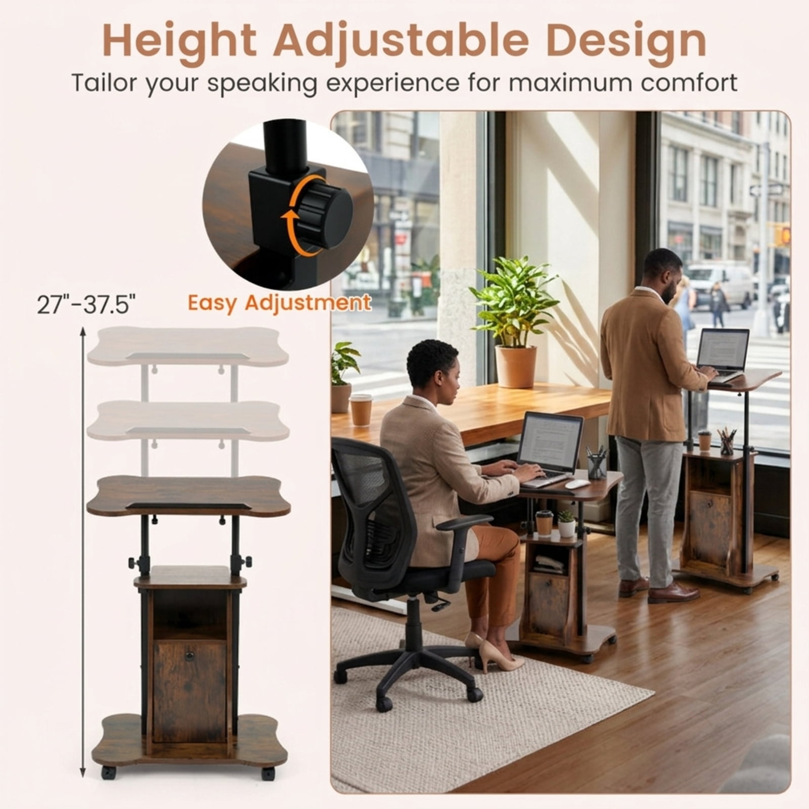 Furnibear Adjustable Mobile Standing Desk Cart with Tilting Top Storage Cabinet and Lockable Wheels for Home Office and School, Rustic Brown