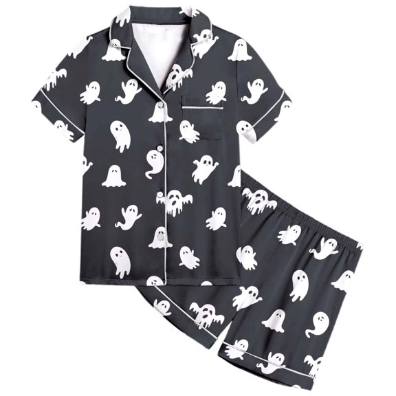 CAIVO Girls Halloween 2 Piece Pajama Sets Cute Pumpkin Bat Print Lapel Short Sleeve Button Down Shirt With Shorts Sleepwear Comfort Kids Casual Nightwear Loungewear