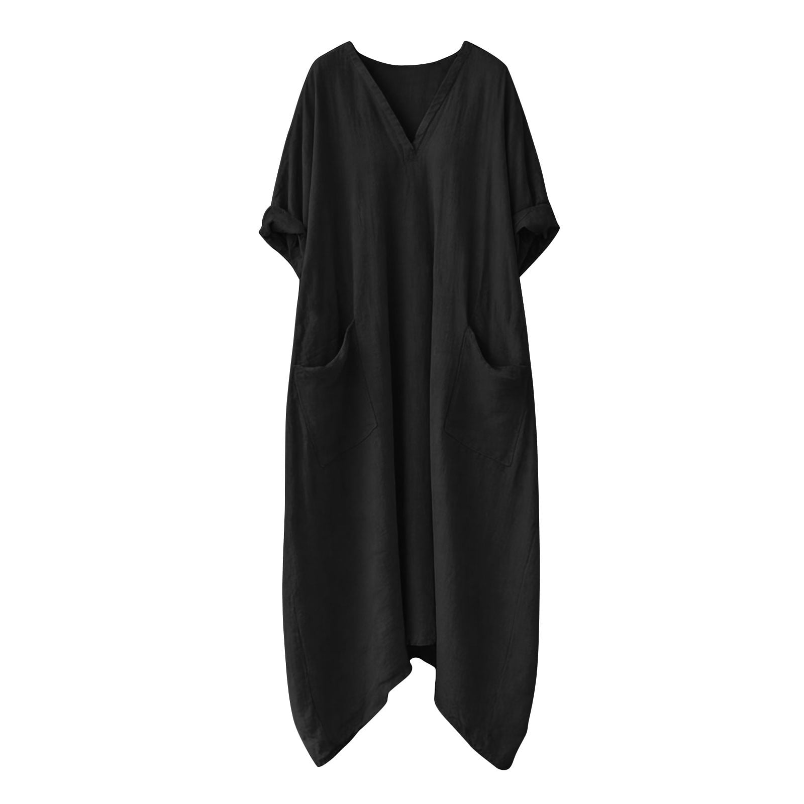 LVHAOGJOB Womens Summer Dresses Long Maxi Dress Cotton Linen for Beach Vacation Solid Color Sundress for Mujer V Neck