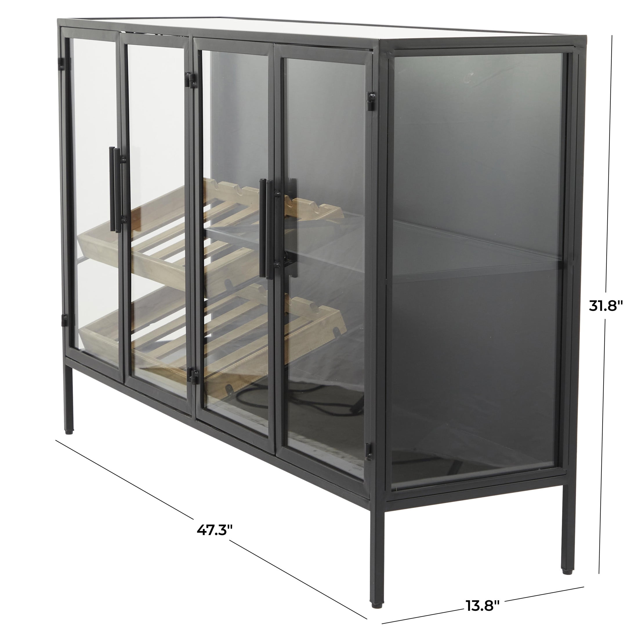 DecMode 47" x 32" Black Metal 10 Bottle Glass Panel Door Standing Wine Rack with Wine Glass Holders and Wood Accents, 1-Piece