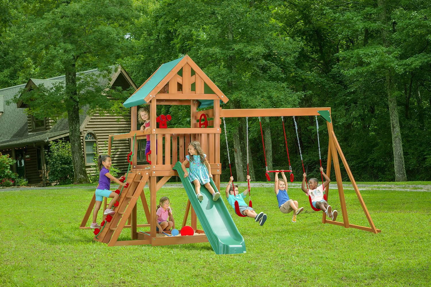 Mountain View Playset with Tarp Roof, Monkey Bars, Climbing Wall & Slide