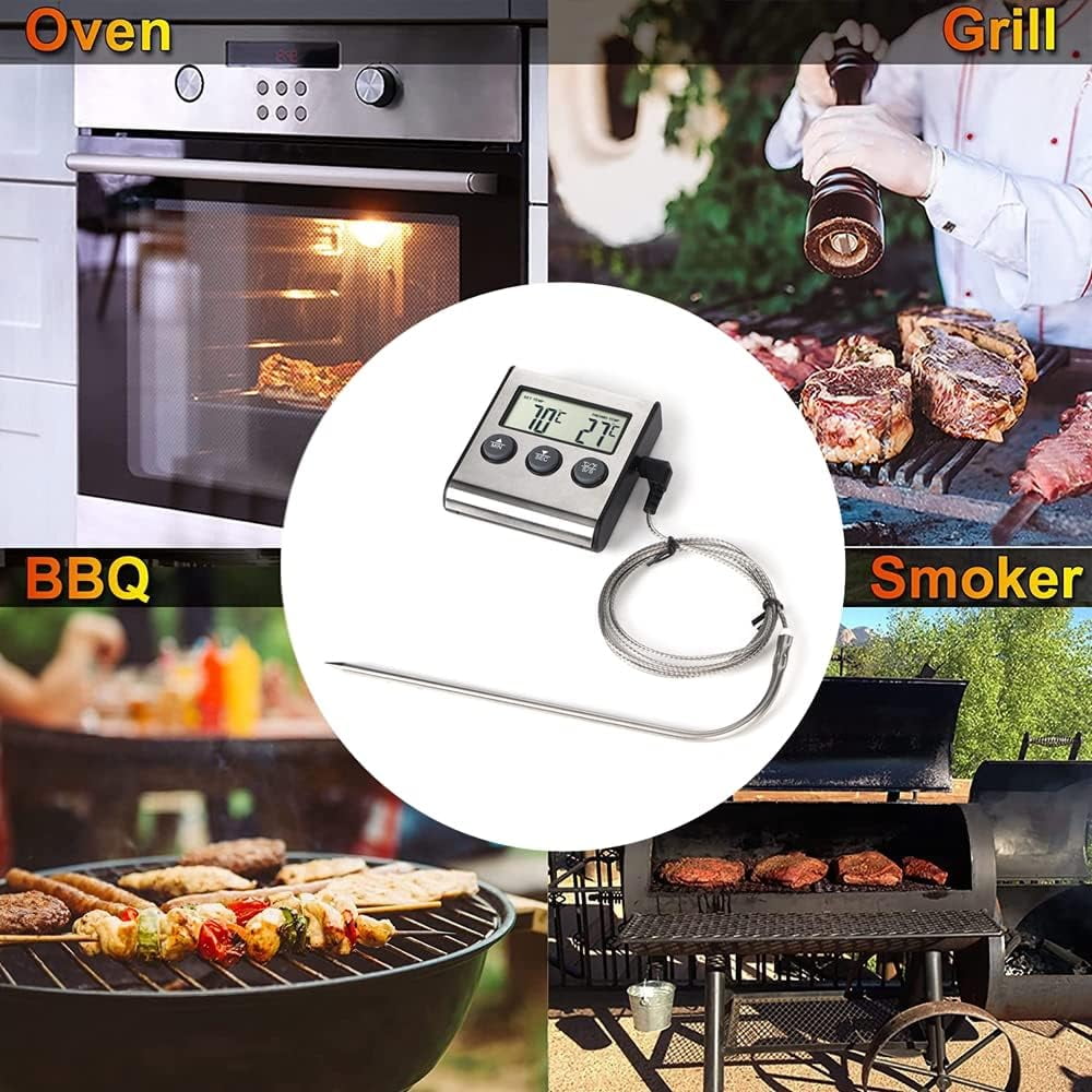 ABPETE Digital Meat Thermometer for Cooking and Grilling, Food Thermometer with LCD Display and Timer, Stainless Steel Temperature Probe, Cooking Thermometer for BBQ, Grill, Baking