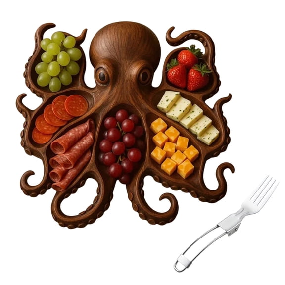 OIUR Octopus Charcuterie Platter with Fork Ocean Themed Cheese Board Tray for Meat Cheese Fruit Seafood Wood Serving Tray Unique Gift for Seafood Lovers And Entertainers