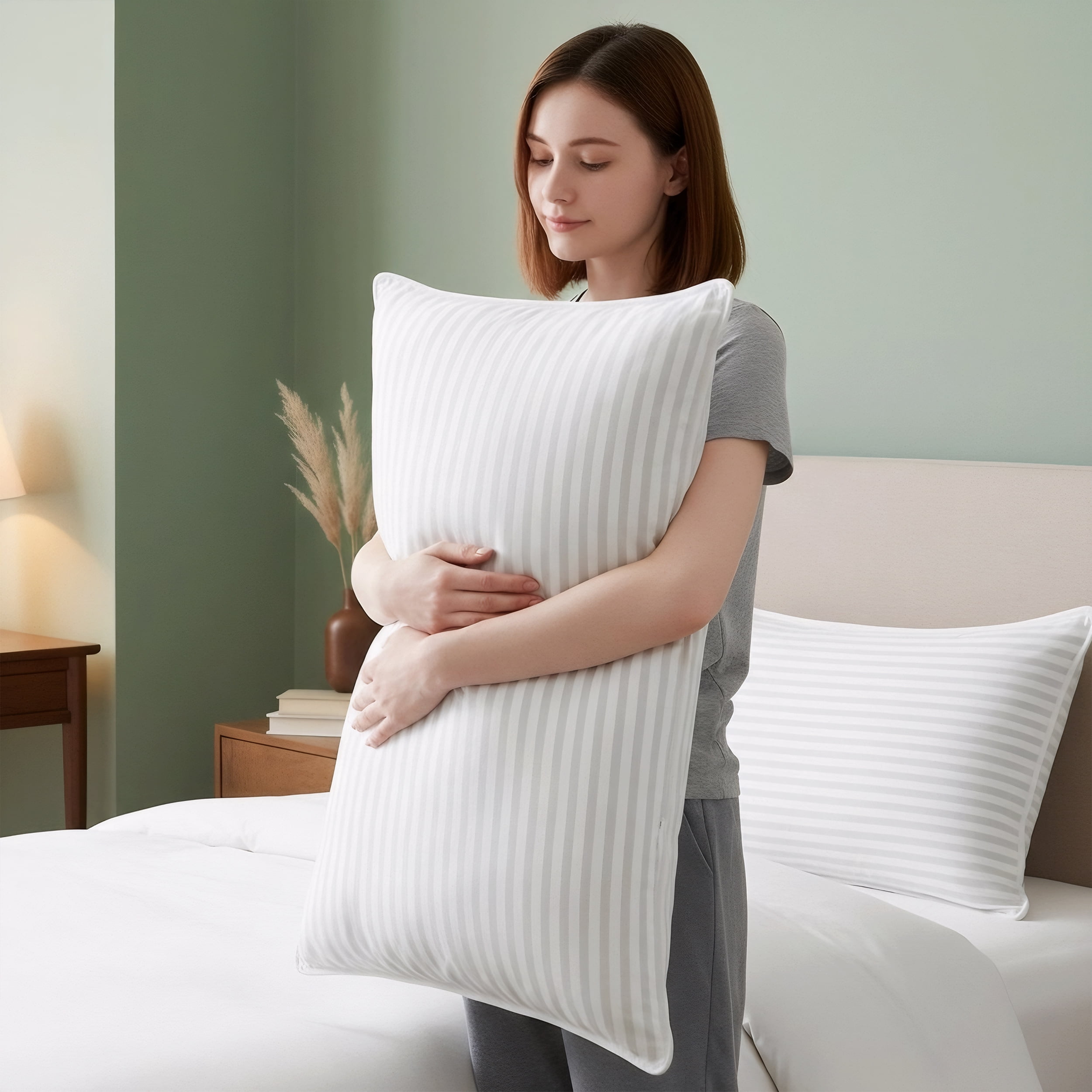 Utopia Bedding Bed Pillow with White Stripes - Set of 2 - Ultra Cozy & Relaxing For Adults, (Queen, 28"L x 20" W)