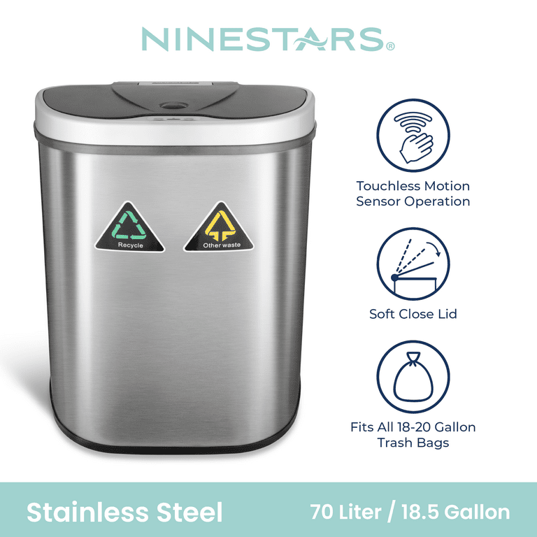 Nine Stars Large 18.5 gal/70L Dual Compartment Touchless Trash Can