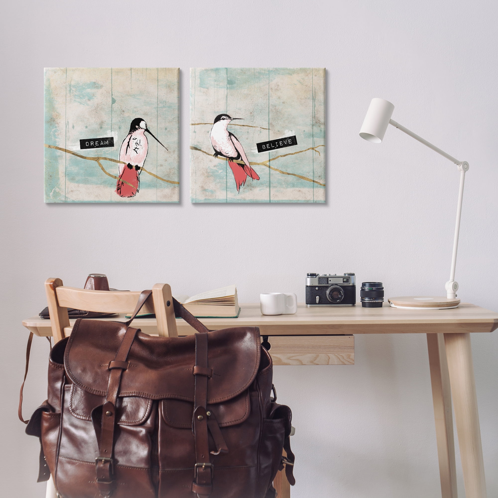 Stupell Industries Dream Believe Hummingbird Branch Animals Painting Wrapped Canvas Art Print Wall Art, 17 x 17, Set of 2