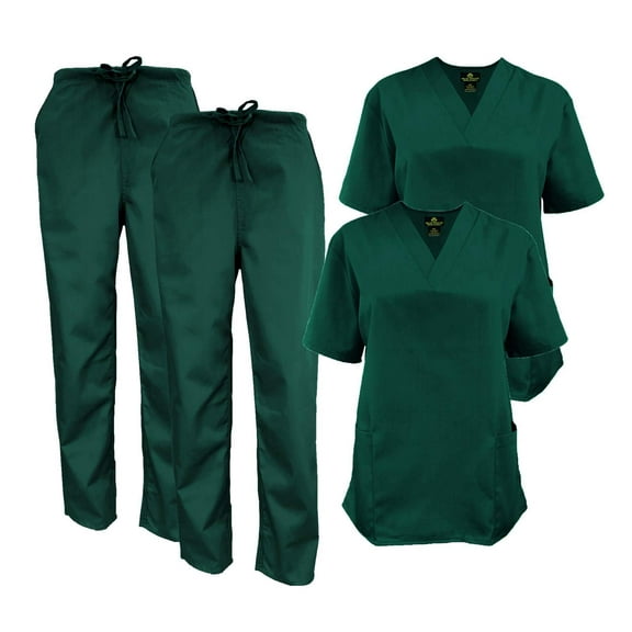 M&M SCRUBS Women Scrub Set V-Neck Medical Scrub Tops and Drawstring Pants - Pack of 2 Set (Hunter Green, XX-Small)