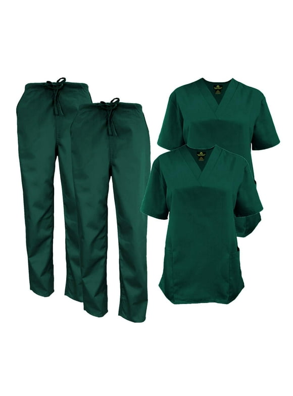 M&M SCRUBS Women Scrub Set V-Neck Medical Scrub Tops and Drawstring Pants - Pack of 2 Set (Hunter Green, 4X-Large)