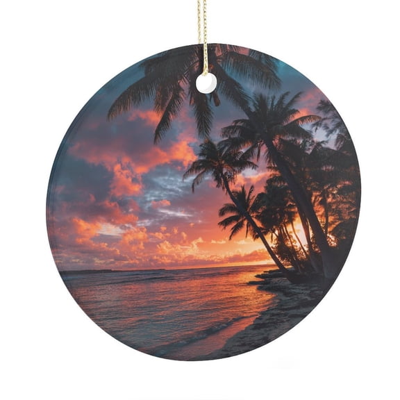 Ceramics Ornaments Beach Tropical Double-Sided Printed 3" Ceramic Christmas Ornament Beautiful Sunset with Palm Trees on The Beach for Christmas Tree Decoration Xmas Party Decorations