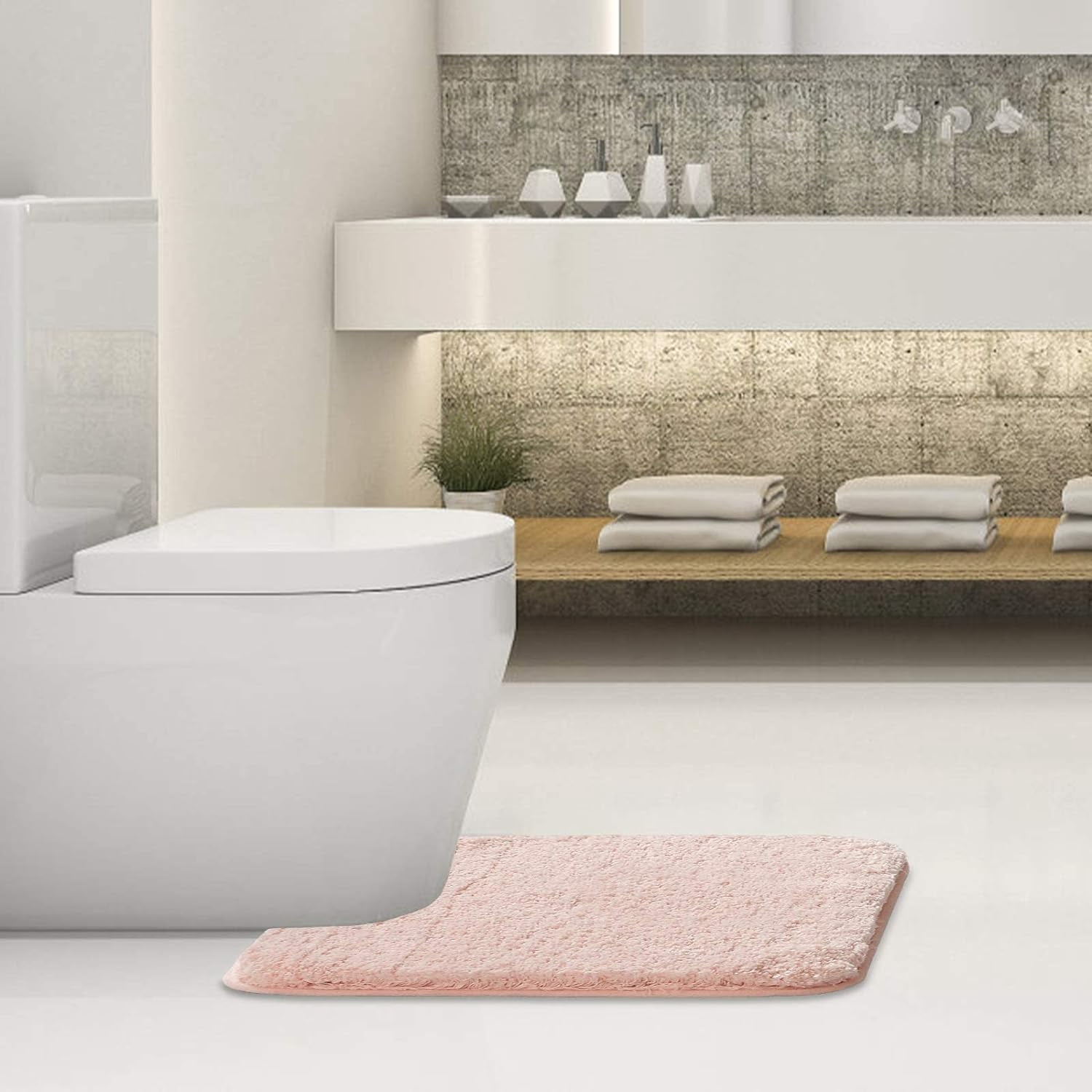 Bathroom Contour Rug Non Slip Bath Mat Water Absorbent Soft Microfiber Shaggy Bathroom Mat Machine Washable Bath Rug for Bathroom Thick Plush U Shape Toilet Rug (20 x 24, Blush)