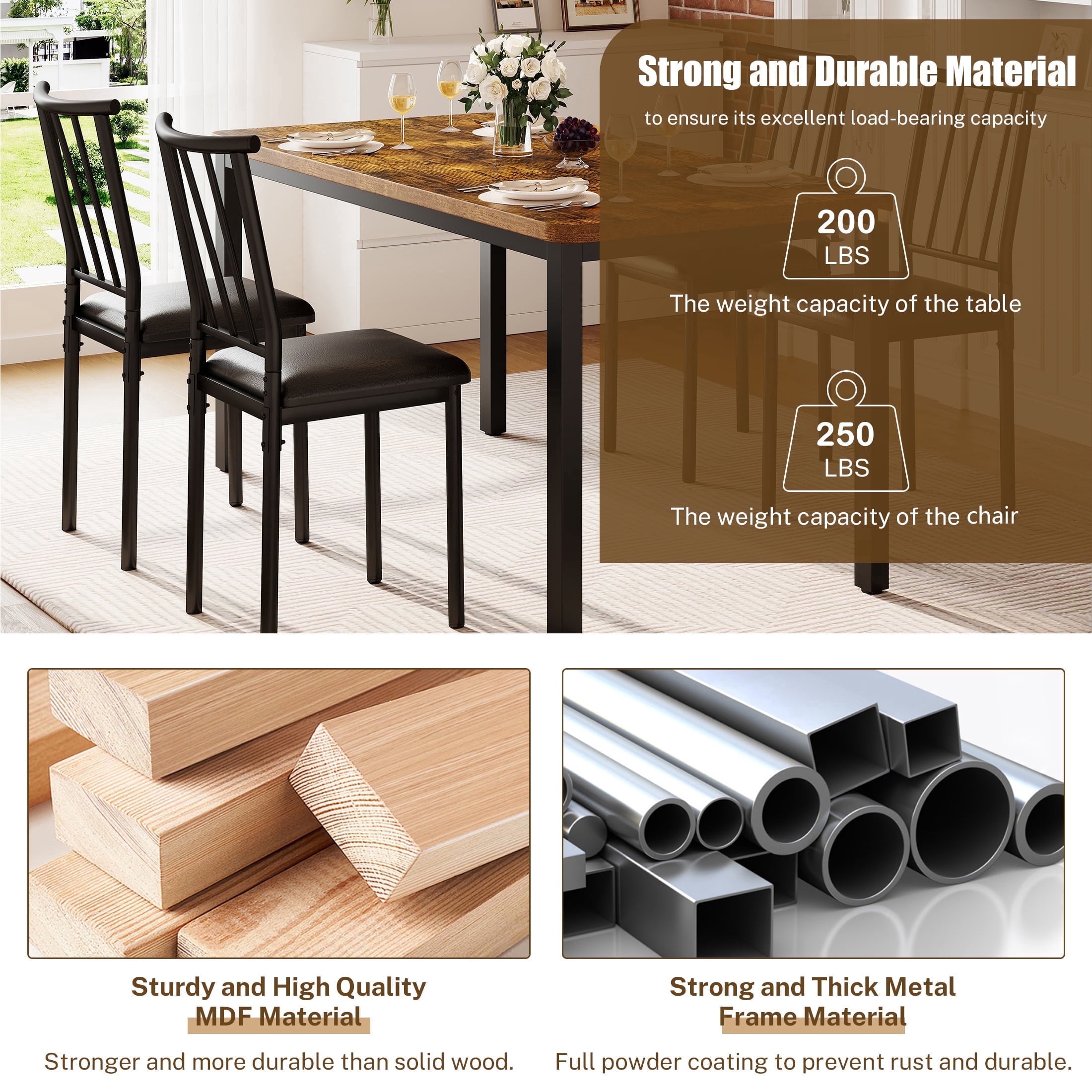 PORKISS 5 Piece Dining Table Set for 4, Kitchen Table and Chairs Set with 4 Leather Cushioned Chairs, Rectangle Dining Room Set with Metal Frame, Small Space Breakfast Nook Dinette Set, Brown+Black