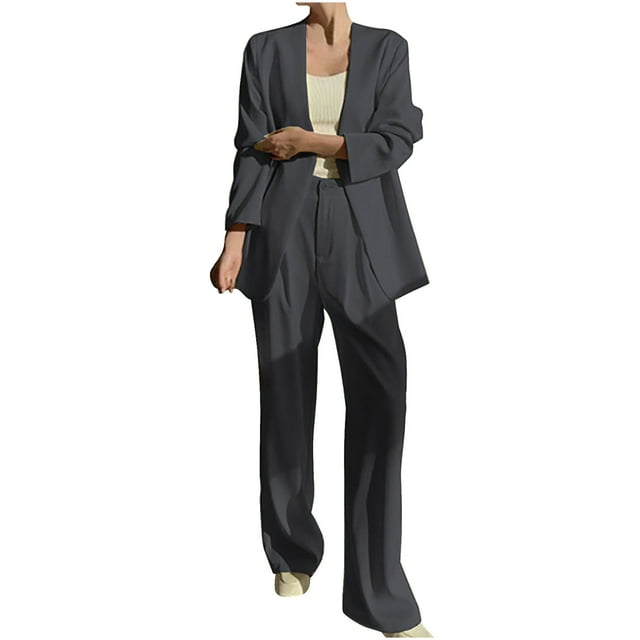 Timegard 2 Piece Suits Set for Women Button V Neck Open Front Jackets Business Office Wide Leg Pant Blazer Outfits