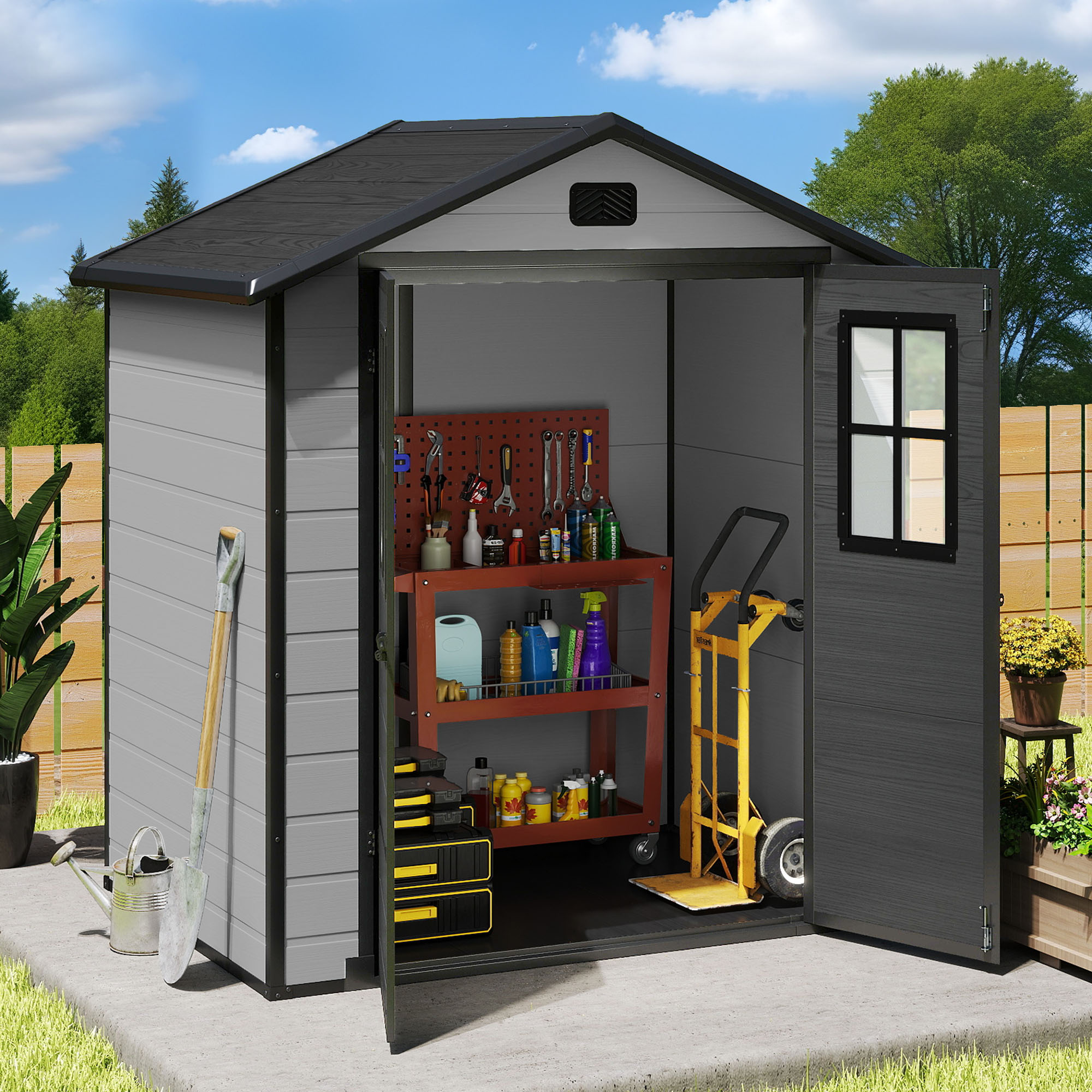Uforic 6x4.4 FT Double-Wall Resin Outdoor Storage Shed, Plastic Garden Tool Shed with 2 Windows & Lockable Door, Waterproof Storage House for Lawn Mower, Backyard Patio Lawn, Black & Gray