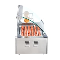 Hot Dog Roller Grill Machine - 7 Stainless Steel Rollers, 18 Hot Dog Capacity, 1050W, Dual Temperature Controls, Glass Hood & Acrylic Cover, Includes Bun Warmer Shelf & Removable Oil Drip Tray