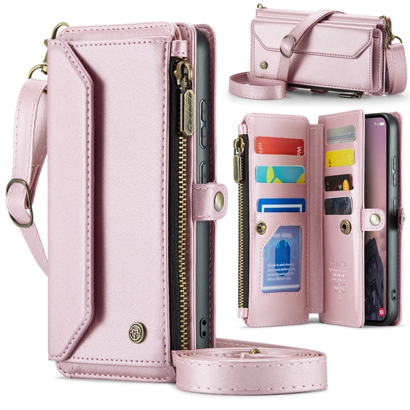 Crossbody for Samsung Galaxy S26 Plus Case Wallet【RFID Blocking】with 10-Card Holder Zipper Bills Slot, Soft PU Leather Magnetic Shoulder Wrist Strap for Galaxy S26 Plus Wallet Case Women, Pink