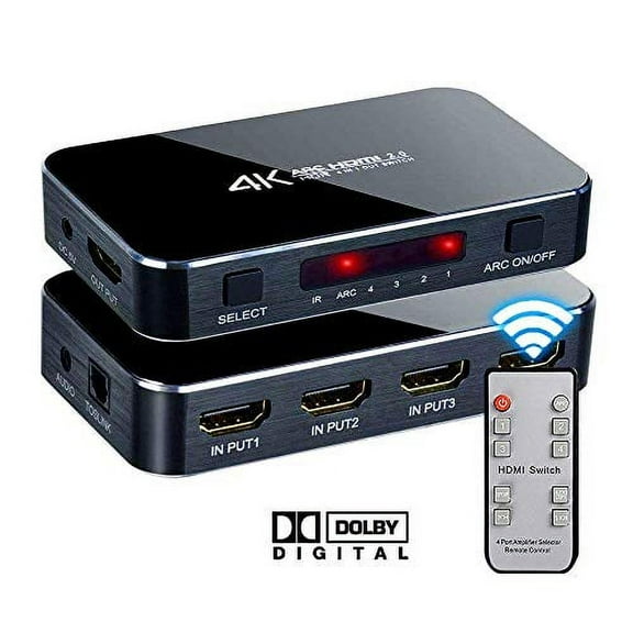 HDMI Switch 4x1 with Audio Extractor, 4K@60Hz Ultra HD HDMI Switcher with Optical TOSLINK SPDIF, 3.5mm Audio Support ARC Function, 3D, 1080P @120Hz, 4Kx2k @60Hz HDTV (IR Wireless Remote Control)