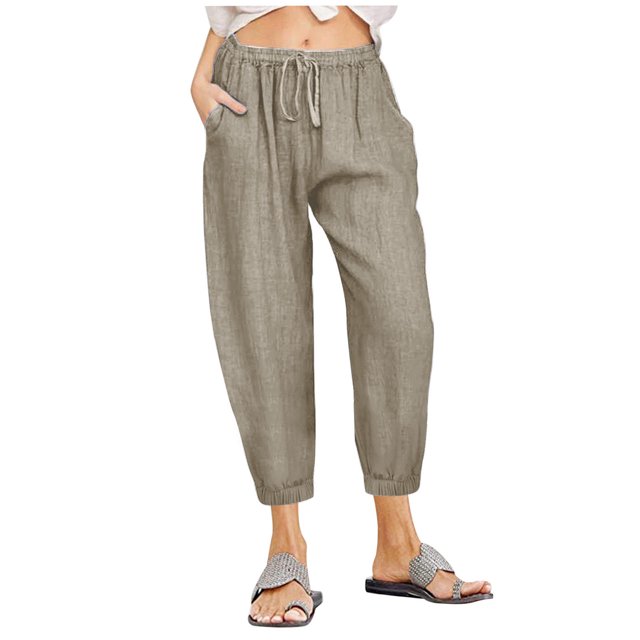Timegard Womens Capri Pants Elastic Waisted Cinch Bottom Solid Color Casual Crop Trousers with Pockets