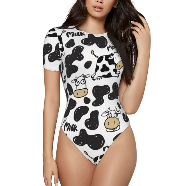Saiise Motif Vache Grenouillère à Manches Courtes pour Femmes Col Rond Pyjama Justaucorps Extensible avec Fermeture à Pression-TTTG
