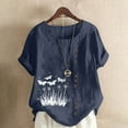 thumbnail image 2 of QATAINLAV Hauts en Coton et Lin pour Femmes 2025 Col Rond Manches Courtes Retroussées T-Shirt Tendance à Imprimé Floral Blouse Décontractée Coupe Ample Tenues des Fêtes Soldes pour Aujourd'hui Bleu Marine TG, 2 of 5