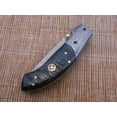 thumbnail image 6 of 7.5" Folding Knife, 3.5" Hand Forged Twist Pattern Damascus Steel Blade Pocket Knife, 4" Wood Scale, Liner Lock & Thumb knob Equipped, Cow Hide Leather Sheath (Ram Horn), 6 of 8