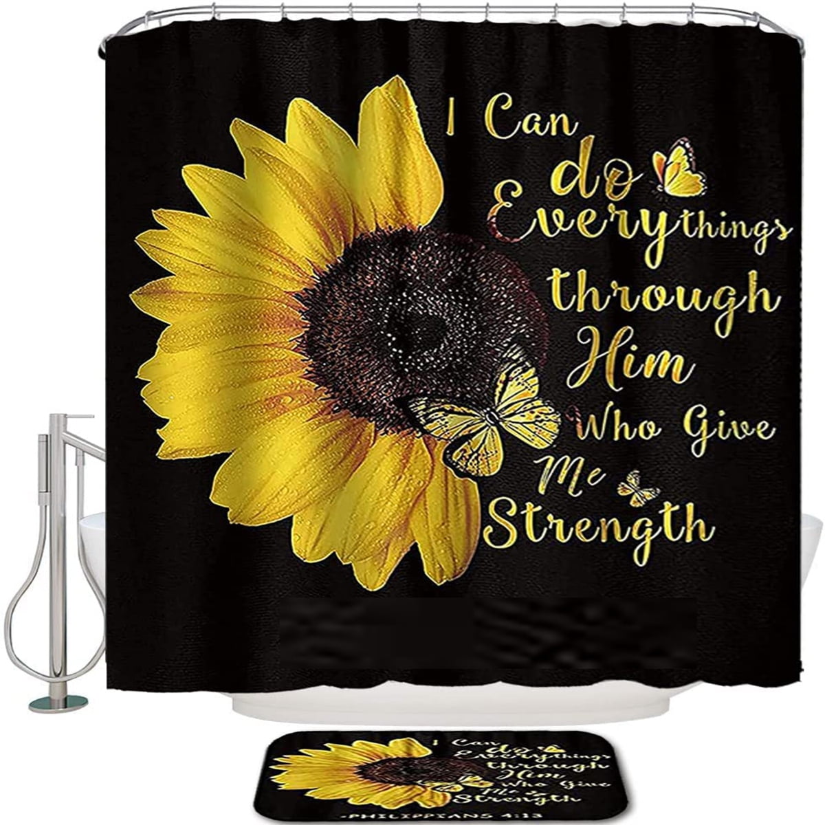 4 Pcs Bathroom Shower Curtain Set Sunflower Shower Curtain Bathroom Sets Valentine's Day Shower Curtain Sets with Rugs(Bath Mat,U Shape and Toilet Lid Cover Mat) and 12 Hooks