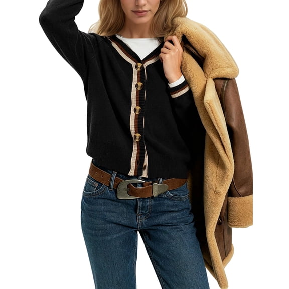 Women's Cropped Cardigan Sweaters Fall Long Sleeve Button Down Color Block Knit Outwear Coats Black S