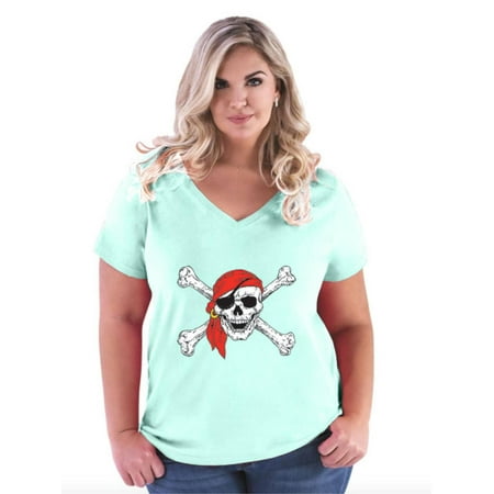 Jolly Roger Skull & Crossbones Pirate Flag Women's Curvy Plus Size V-Neck Tee