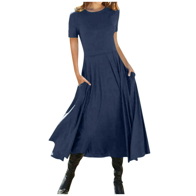 BEEYASO Clearance Summer Dresses for Women Short Sleeve Mid-Length Leisure  Solid A-Line Round Neckline Dress Dark Blue 2XL 