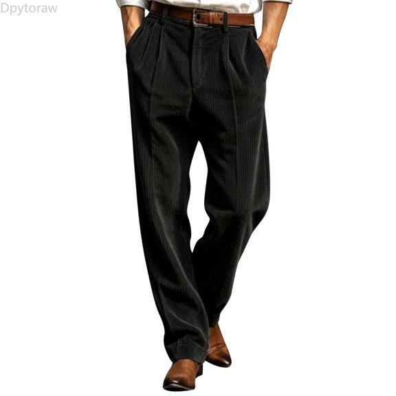 Dpytoraw Men's Relaxed Fit Corduroy Dress Pants Straight Leg Business Casual Trousers Black L