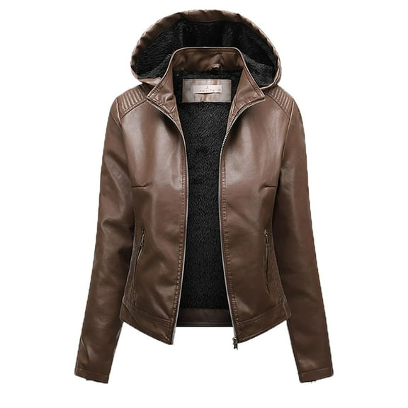 Babysbule Winter Coats for Women Women's Fashion Casual Hooded Zipper Long Sleeve Solid Color Leather Jacket Coat Tops
