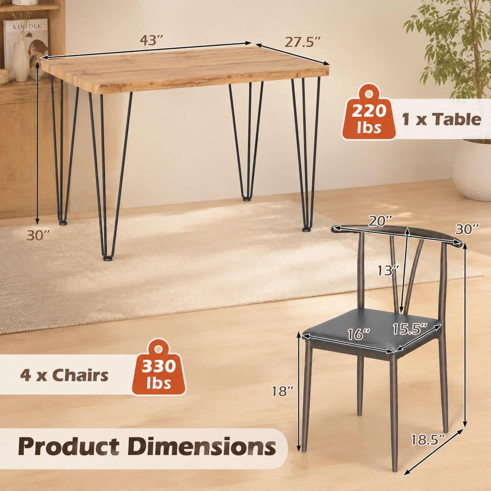 Furnibear 5 Piece Space Saving Industrial Dining Table Set for 4 with Armless PU Leather Chairs and Metal Legs for Kitchen, Black