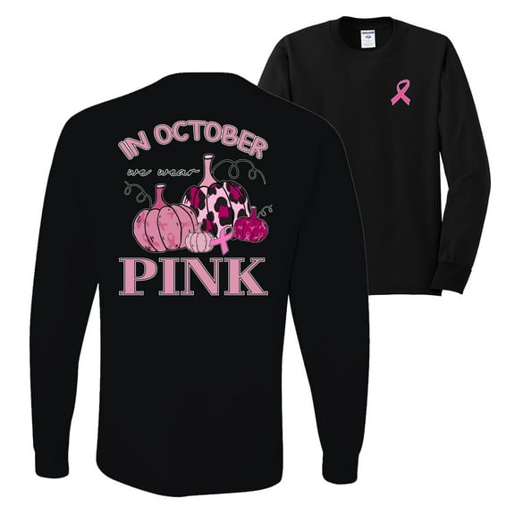 Wild Bobby In October We Wear Pink Pumpkin Cheetah Print Breast Cancer Awareness Front and Back Mens Long Sleeve Shirt, Black, Small