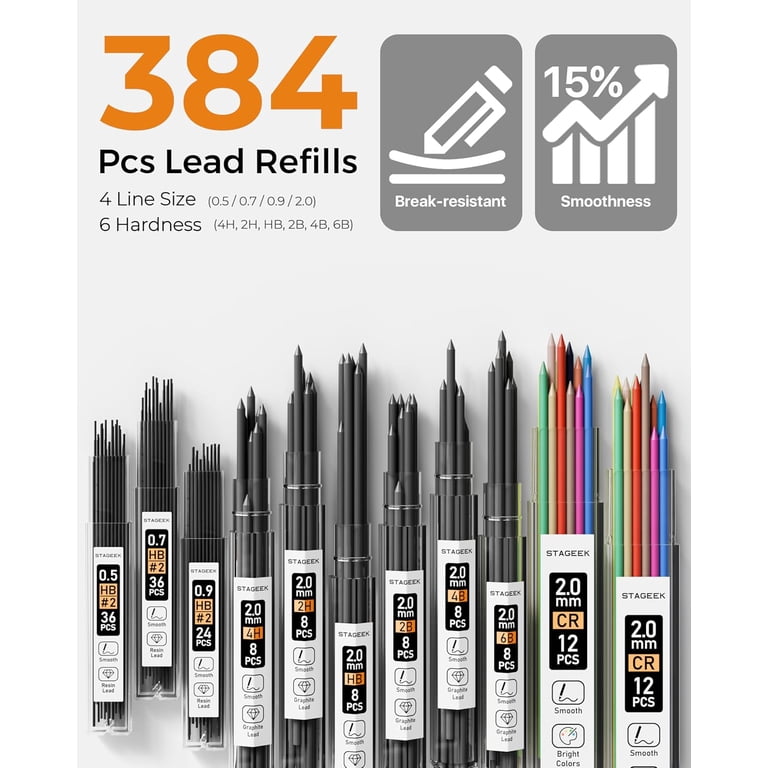 Mechanical Pencil Set With Case - 34 Count Drawing Pencils 0.5, 0.7, 0.9mm & 2mm Sketching Pencils With 384 Lead Refills