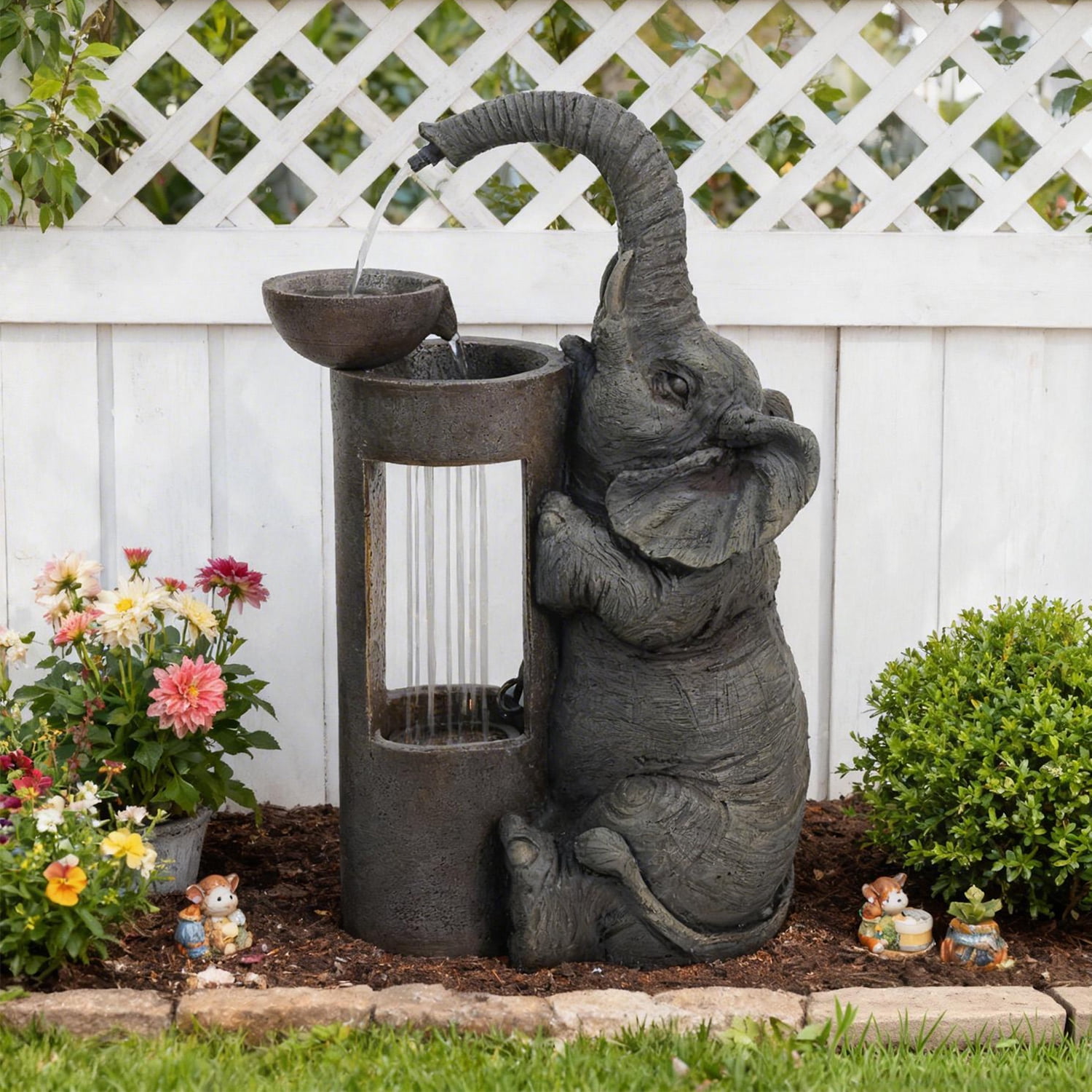 Elephant Waterfall Fountain for Indoor Desktop & Outdoor Use Small Garden Water Feature with LED Light Quiet Mini Cute Table Water Fountains for Patio, Yard, Home Decor