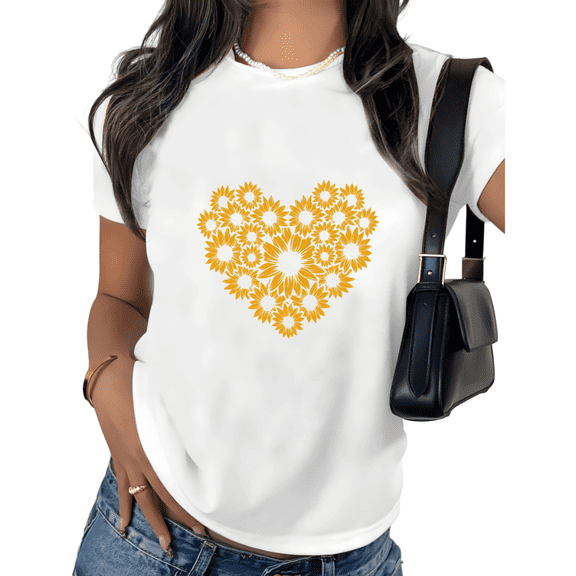 White Print Tshirt Graphic Tees Shirts Sunflower Heart Love Boho Casual Wear S-5XL Tops