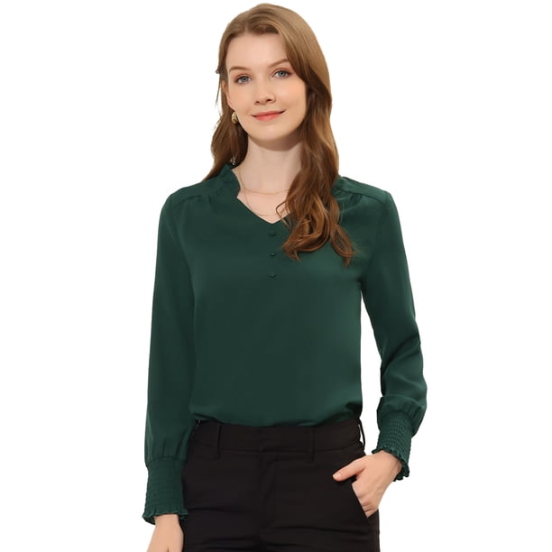 INSPIRE CHIC Blusa elegante de manga larga con cuello en V y volantes para mujer Verde oscuro L