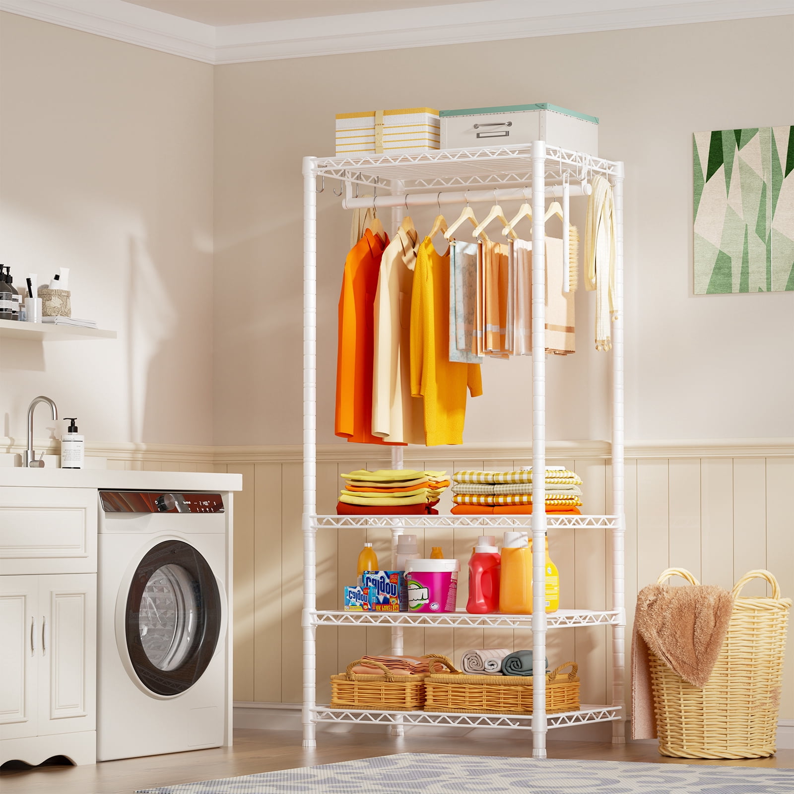 Ulif H4 Mini Clothing Rack,Laundry Room Organizer,4 Tiers Freestanding Clothes Rack for Small Space, Metal Clothes Wardrobe System for Bedroom, Load 502 lbs, White