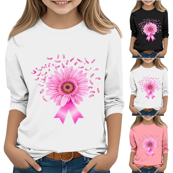 Feancey Girls 3/4 Sleeve Breast Cancer Tops Pink Floral Printed Crewneck Tees Kids Casual Loose Breast Cancer Awareness Shirt White 9-10 Years