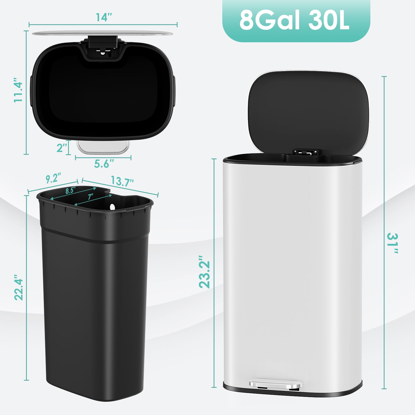 Arlopu 8 Gallon Step Trash Can, Stainless Steel Garbage Bin with Soft-Close Lid for Kitchen, Home, White