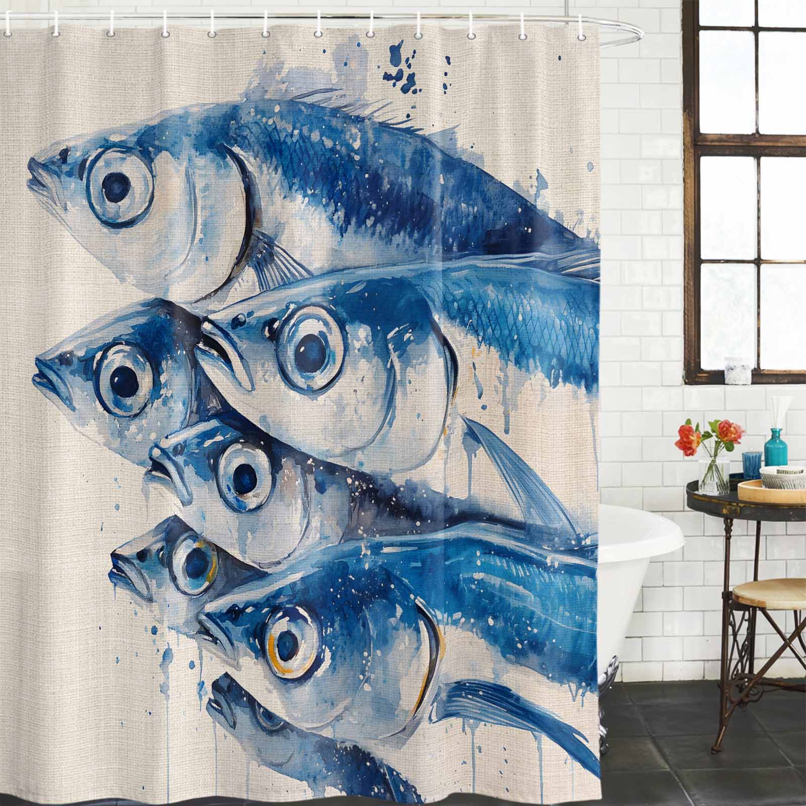 Shower Curtain Bathroom Set Watercolor Underwater Fish on Vintage Linen Waterproof Fabric Shower Curtains with Grommets&Hooks, Coastal Ocean Life Privacy Bath Curtain for Bathtub 72x72in