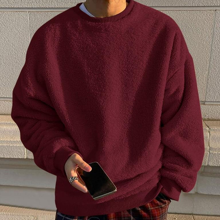 Deals Men s Fuzzy Sweatshirts Long Sleeve Crewneck Casual Loose Oversized Sweatshirts Big Men Plus Size Pullover Tops Wine 5XL Walmart