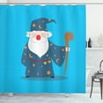 thumbnail image 1 of Wizard Shower Curtain, Illustration of an Old Wizard Holding Magic Staff and Potions on Blue Background, Fabric Bathroom Set with Hooks, 69W X 70L Inches, Multicolor, by Ambesonne, 1 of 3