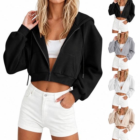 Helii Zip Up Hoodie Women's Cropped Sweatshirt Oversized Long Sleeve Workout Casual Drawstring Track Jacket with Pockets Soft Stretchy High Waist Streetwear Fall Winter Outfits 4 Colors
