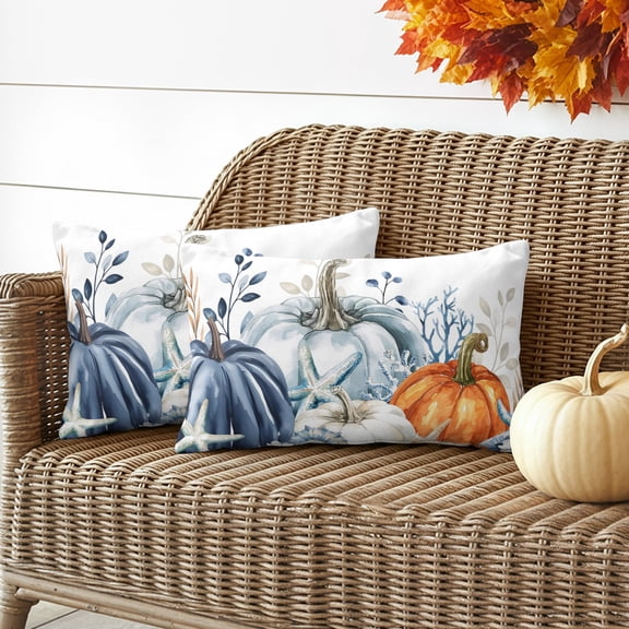Orange Blue Pumpkin Outdoor Waterproof Pillow Covers Set of 2, Leaf Starfish Coral Pillowcase Decorative Throw Cushion Cases for Patio Garden Couch 20 x 12 Inches