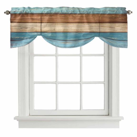 Tie Up Valances for Windows, Farmhouse Light Blue Brown Adjustable Valance Curtains Window Treatment for Living Room/Bedroom, Vintage Wooden Striped Rod Pocket Kitchen Curtains & Drapes 60x18 Inch